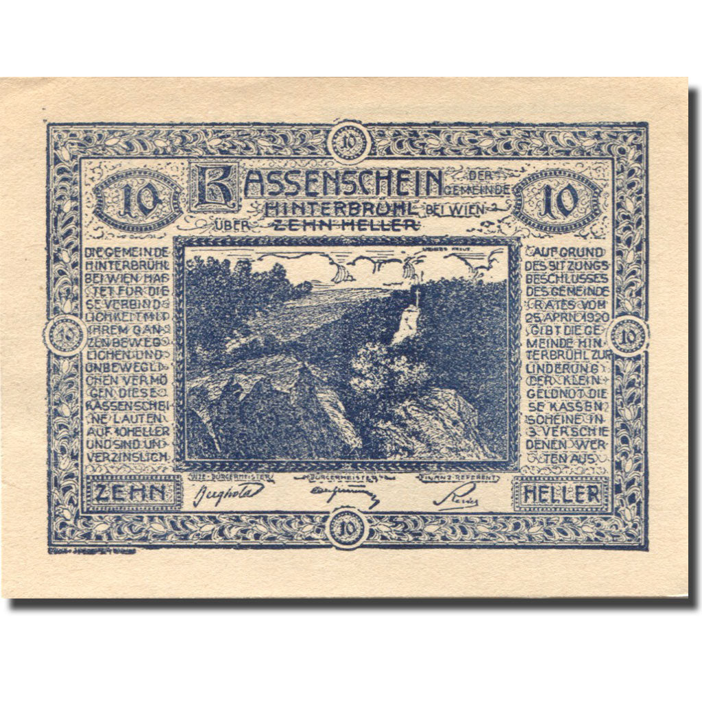 Banknote, Austria, Hinterbrühl 10 Heller paysage 1920 UNC(63) blue Mehl:FS 376Ia