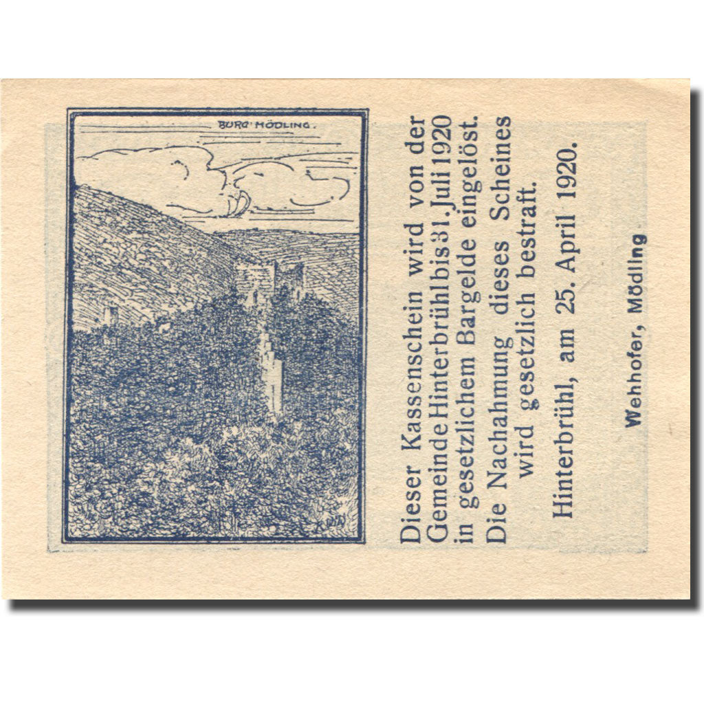 Banknote, Austria, Hinterbrühl 10 Heller paysage 1920 UNC(63) blue Mehl:FS 376Ia
