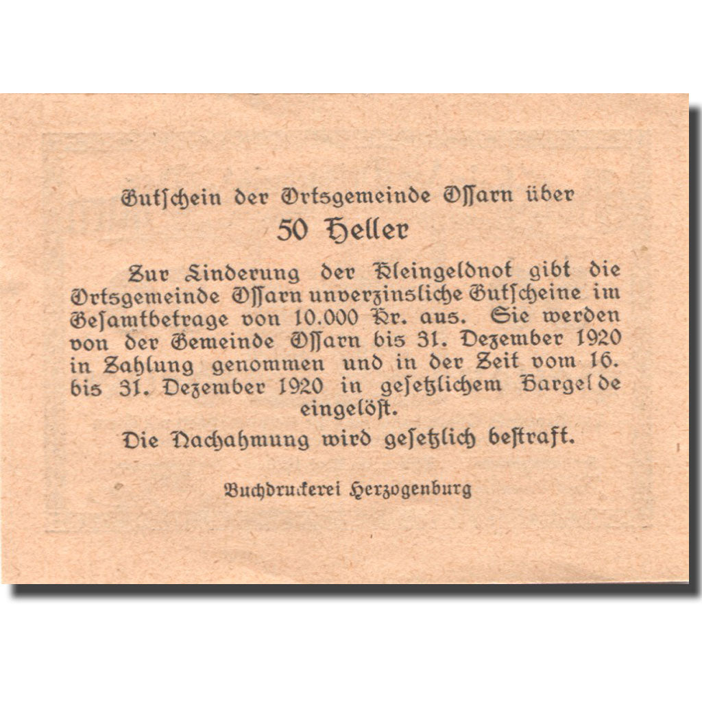 Banknote, Austria, Ossarn, 50 Heller, Eglise 1920-12-31 UNC(63), Mehl:FS 712a2.1