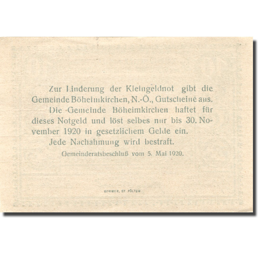 Banknote, Austria, Böheimkirchen, 10 Heller, Eglise, 1920 UNC(63) Mehl:FS 97