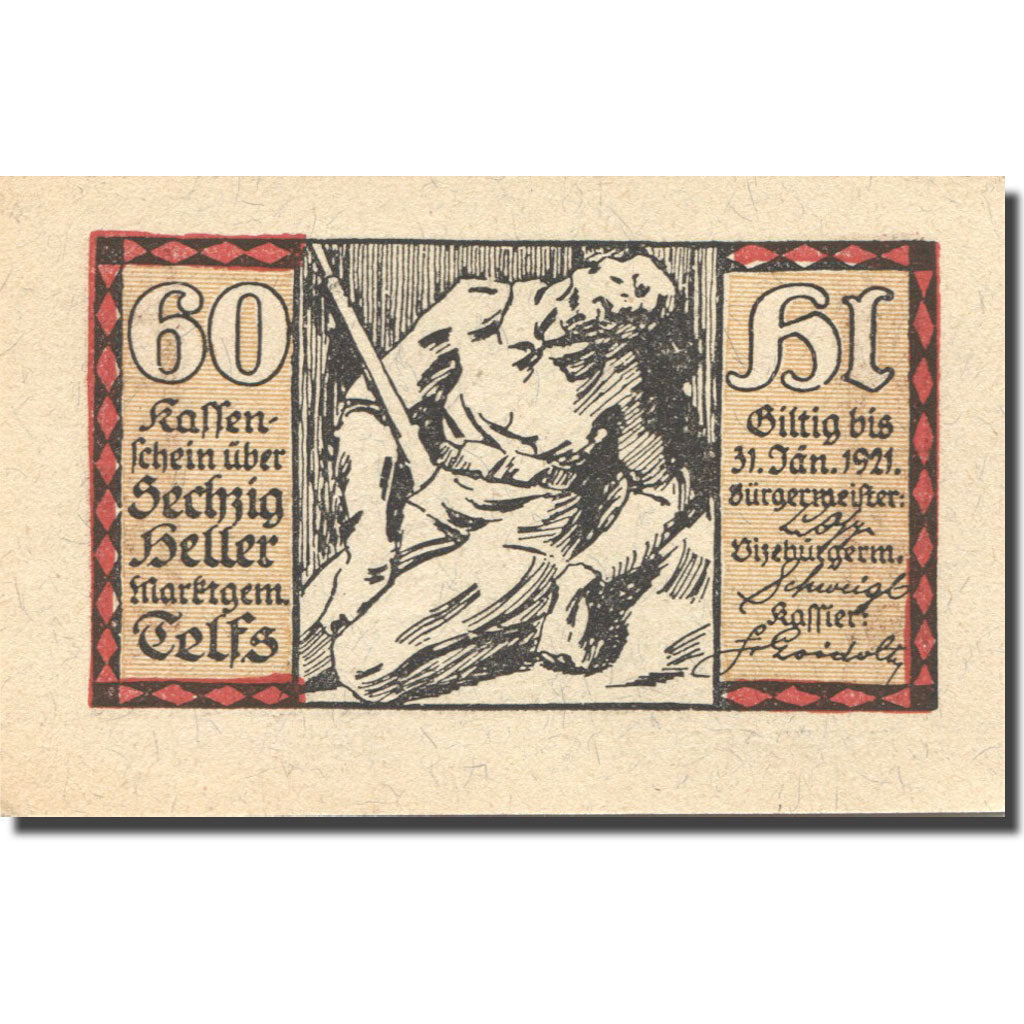 Geldschein, Österreich, Telfs, 60 Heller, personnage, 1921 UNZ- Mehl:FS 1061j