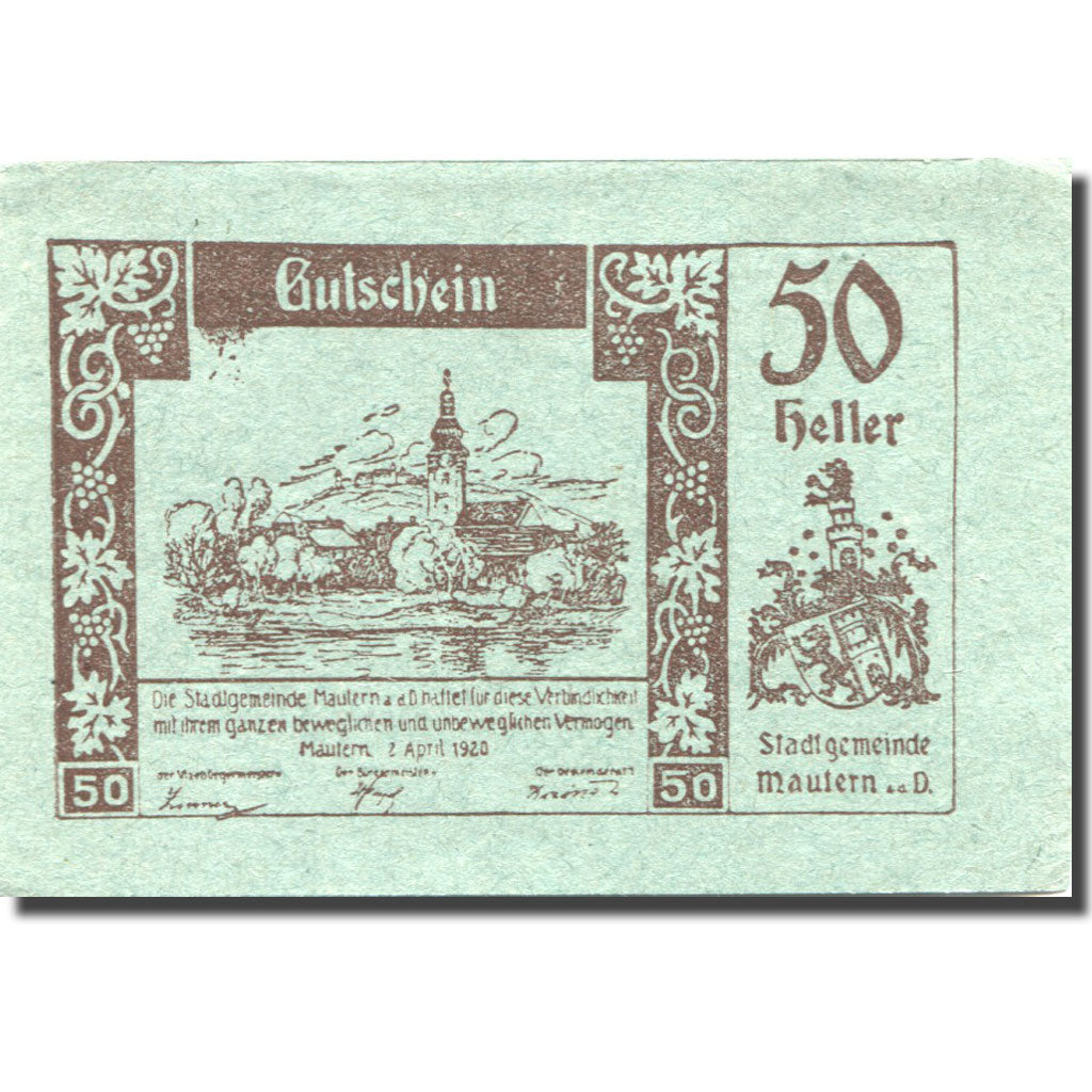 Banknote, Austria, Mautern, 50 Heller, Eglise, 1920 UNC(63) Mehl:FS 600IAb