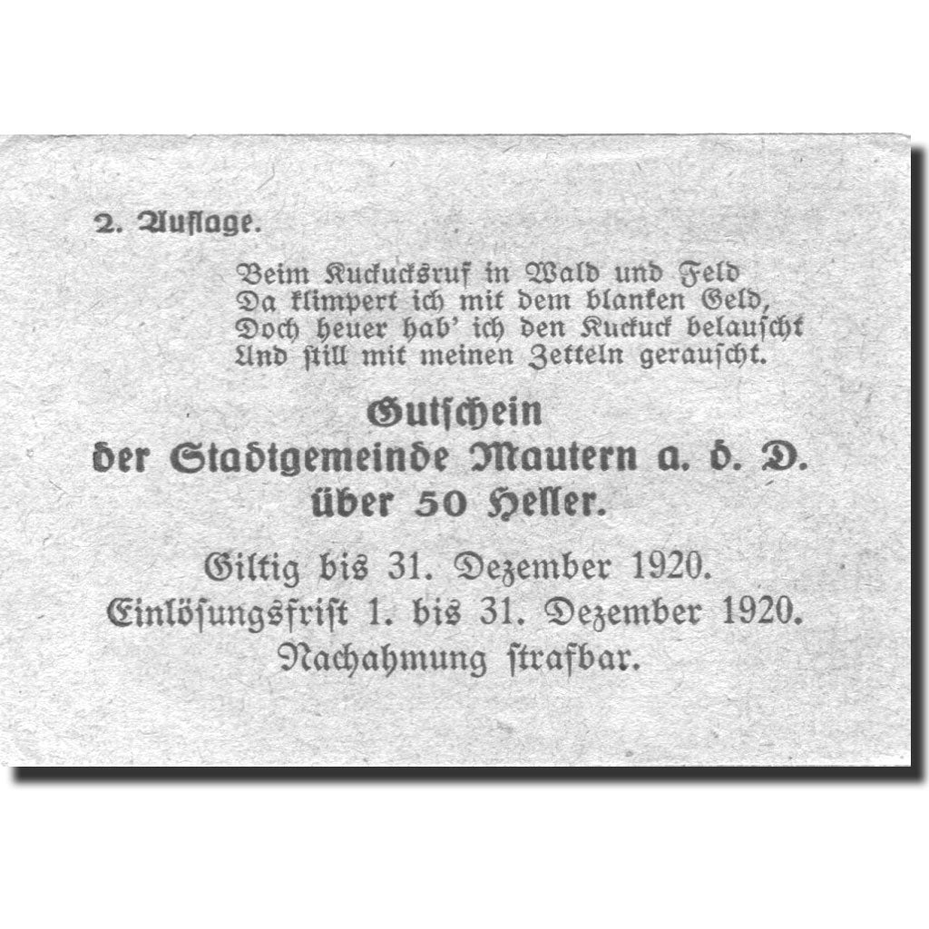 Banknote, Austria, Mautern, 50 Heller, Eglise, 1920 UNC(63) Mehl:FS 600IAb