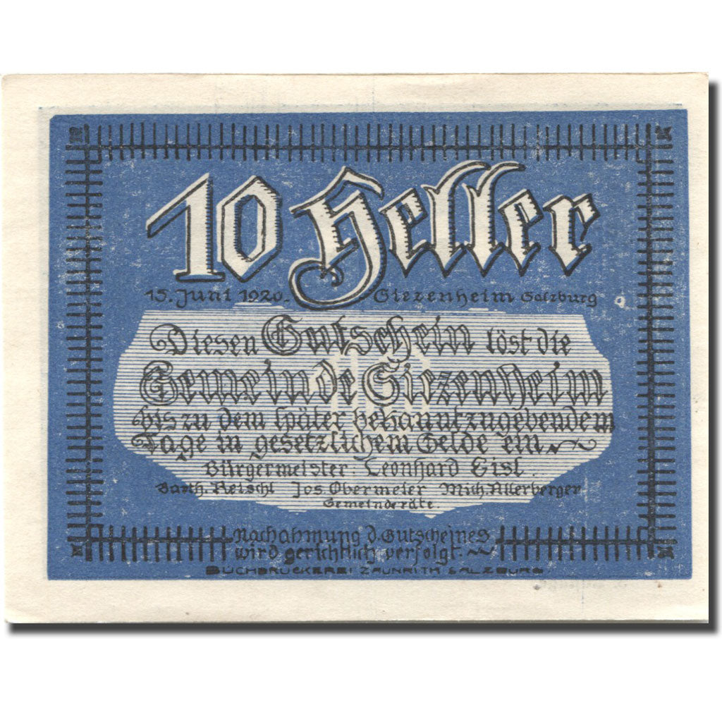 Banknote, Austria, Siezenheim, 10 Heller, montagne, 1920 UNC(63) Mehl:FS 996a
