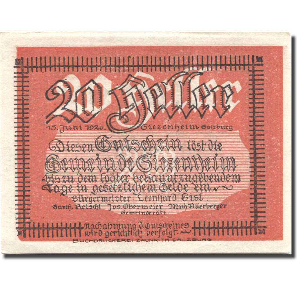 Banknote, Austria, Siezenheim, 20 Heller, chevalier, 1920 UNC(63) Mehl:FS 996b