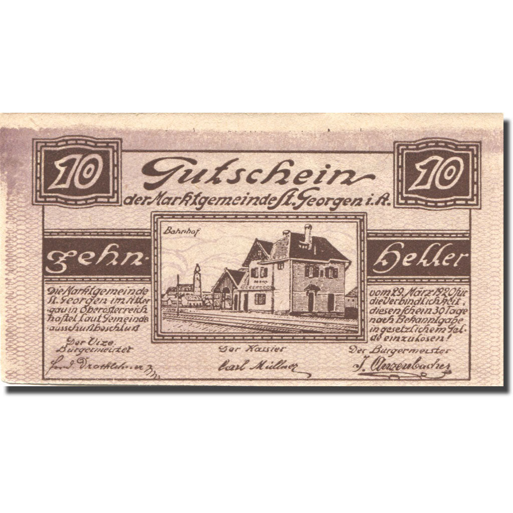Banknote, Austria, St Georgen, 10 Heller, gare, 1920 UNC(63) Mehl:FS 888Ia