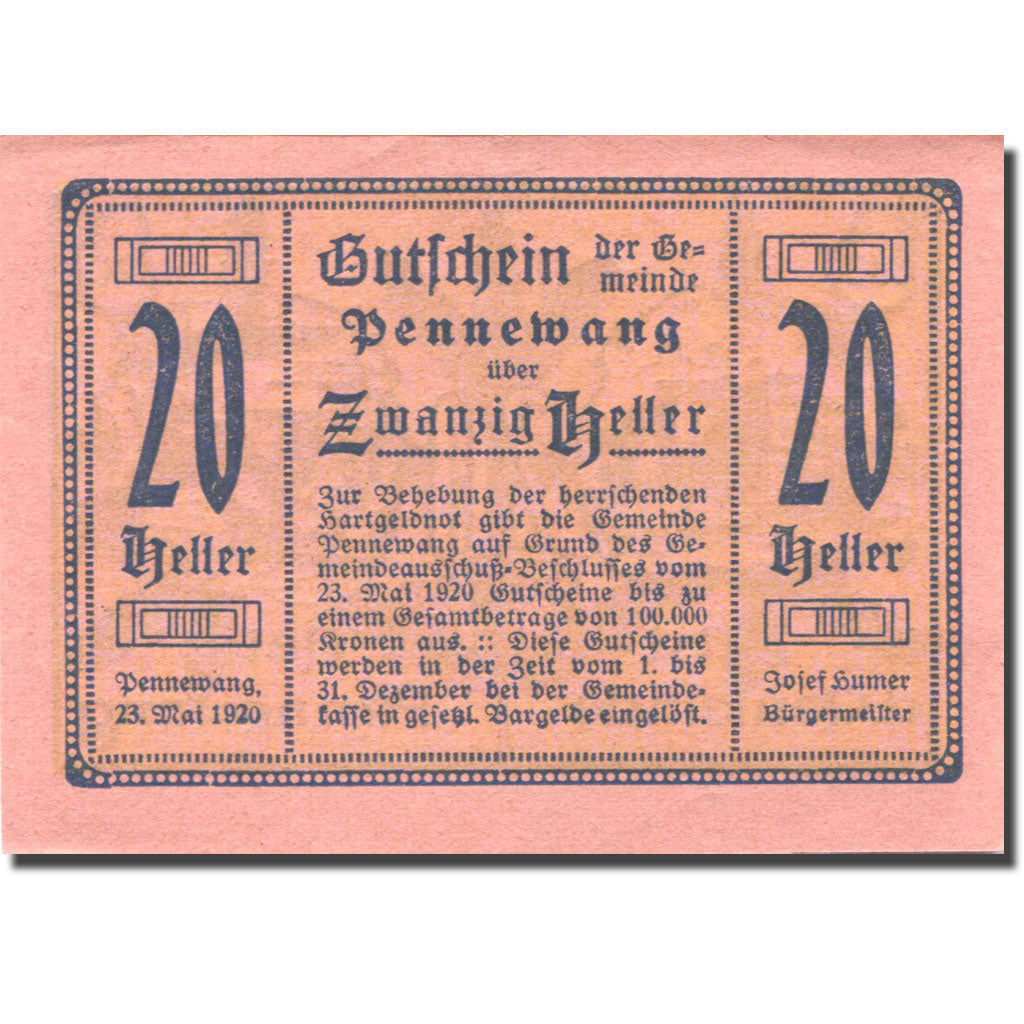 Banknote, Austria, Pennewang, 20 Heller, blé, 1920 UNC(63) Mehl:FS 727d
