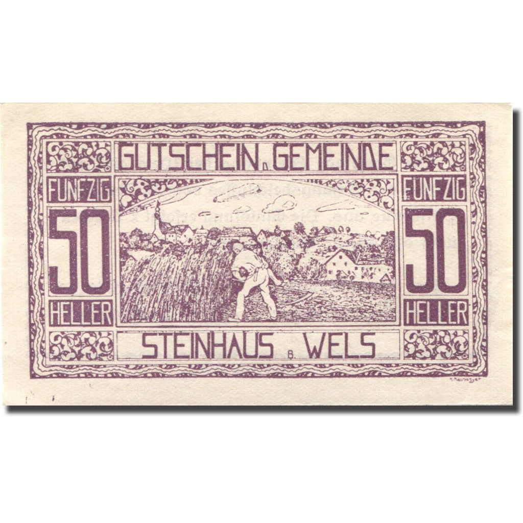 Banknote, Austria, Steinhaus, 50 Heller, agriculteur, UNC(63), Mehl:FS 1030Ia