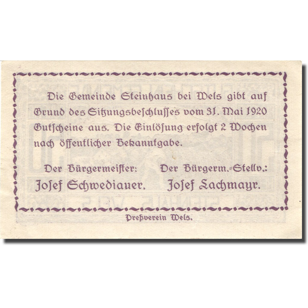 Banknote, Austria, Steinhaus, 50 Heller, agriculteur, UNC(63), Mehl:FS 1030Ia