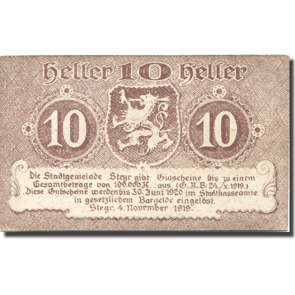 Banknote, Austria, Steyr, 10 Heller, Blason 1920-06-30, UNC(63), Mehl:FS 1034Ia