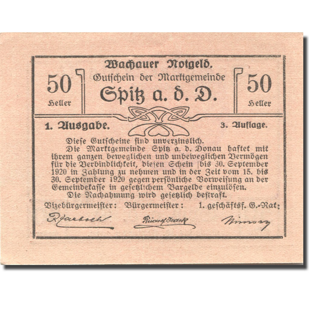 Banknote, Austria, Spitz a/d Donau, 50 Heller, château 1920 UNC(63) Mehl:FS 1122