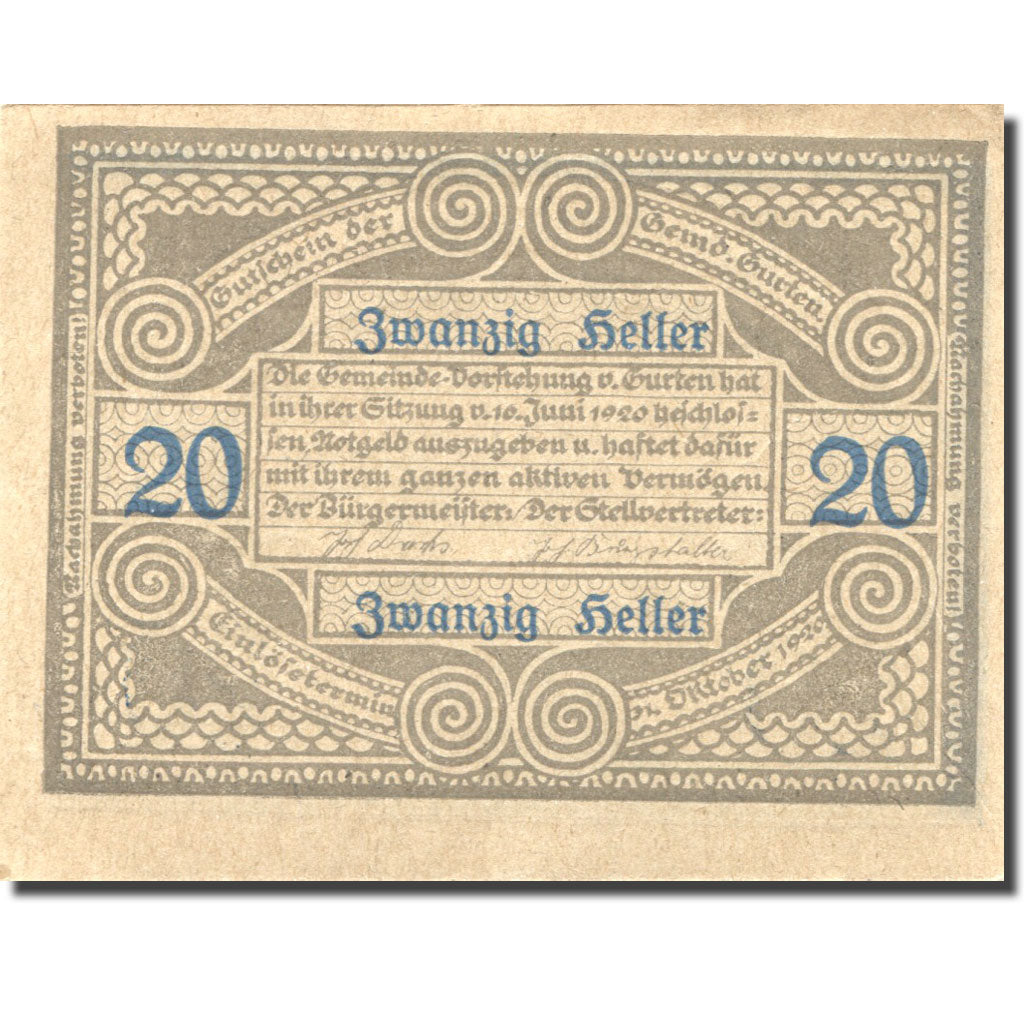 Banknote, Austria, Gurten, 20 Heller, personnage, 1920 UNC(63) blue Mehl:FS 312A