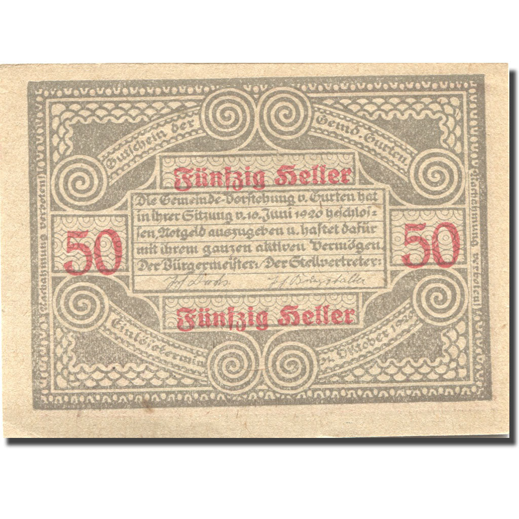 Billet, Autriche, Gurten, 50 Heller, personnage 1, 1920 SPL rouge Mehl:FS 312A
