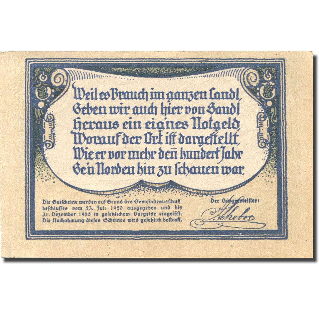 Banknote, Austria, Sandl, 50 Heller, paysage 1920-12-31 UNC(63), Mehl:FS 874IVb