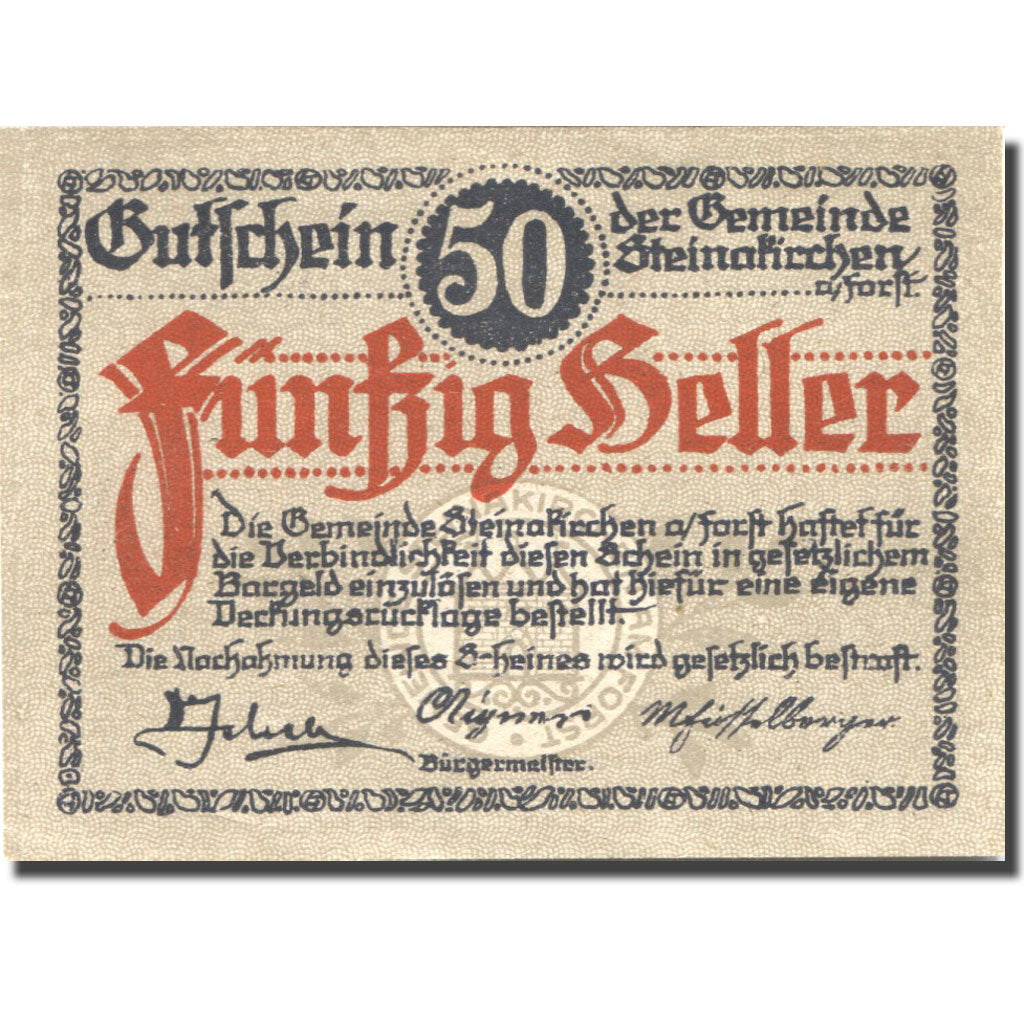 Banknote, Austria, Steinakirchen 50 Heller, Blason, 1922 UNC(63) Mehl:FS 1017I