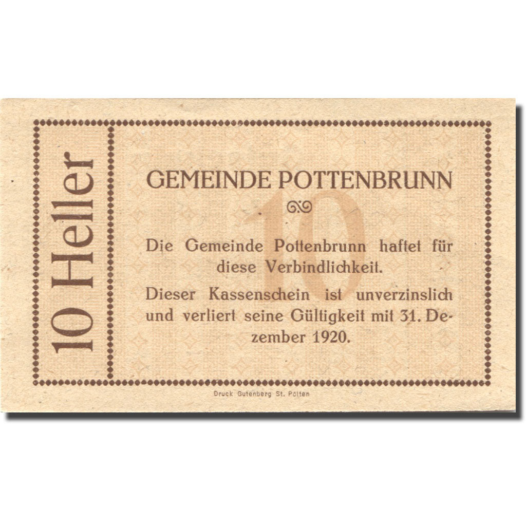 Banknote Austria Pottenbrunn 10Heller valeur faciale 1920 UNC(63) Mehl:FS 1112