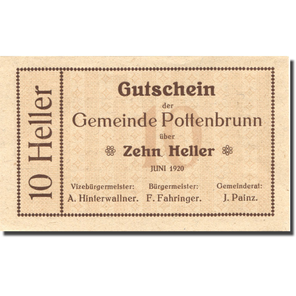 Banknote Austria Pottenbrunn 10Heller valeur faciale 1920 UNC(63) Mehl:FS 1112
