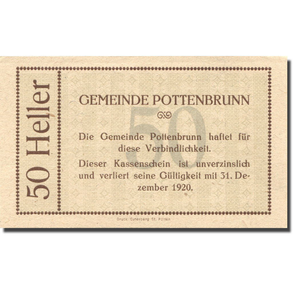 Banknote, Austria Pottenbrunn 50 Heller, face value 1, 1920 UNC(63) Mehl:FS 1112