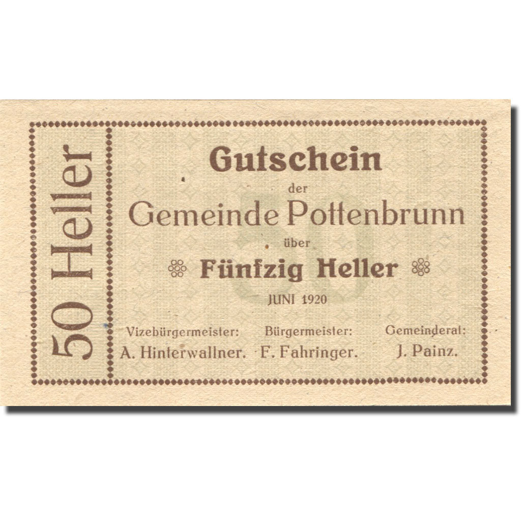 Banknote, Austria Pottenbrunn 50 Heller, face value 1, 1920 UNC(63) Mehl:FS 1112