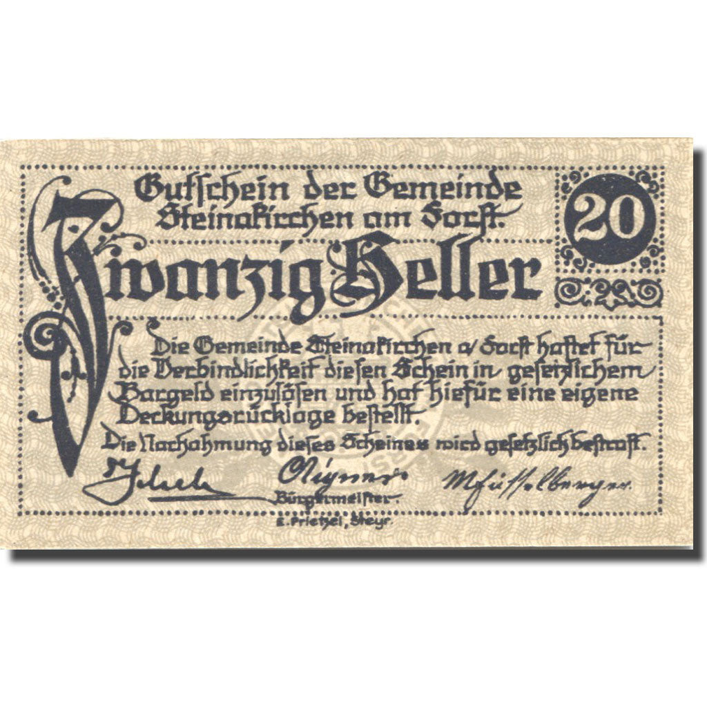 Banknote, Austria, Steinakirchen, 20 Heller, Blason, 1922 UNC(63) Mehl:FS 1017I