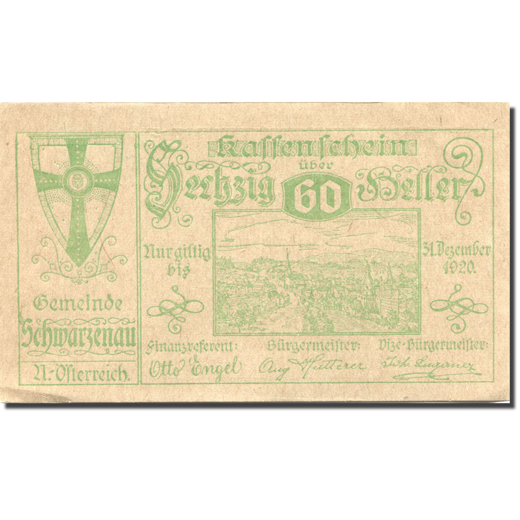 Banknote, Austria, Schwarzenau, 60 Heller, Blason, 1920 UNC(63) Mehl:FS 979a