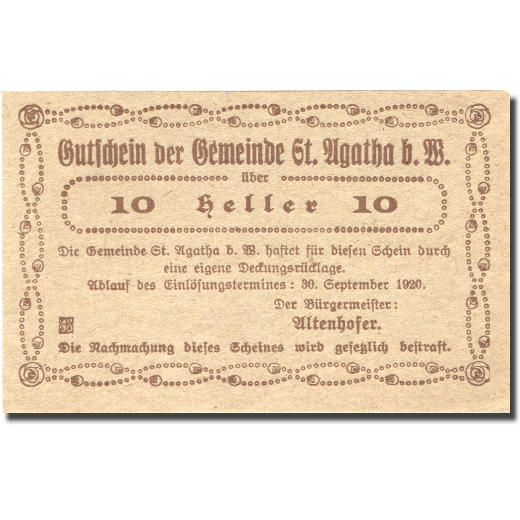 Banknote, Austria, St Agatha, 10 Heller, village, 1920 UNC(63) Mehl:FS 877Ia