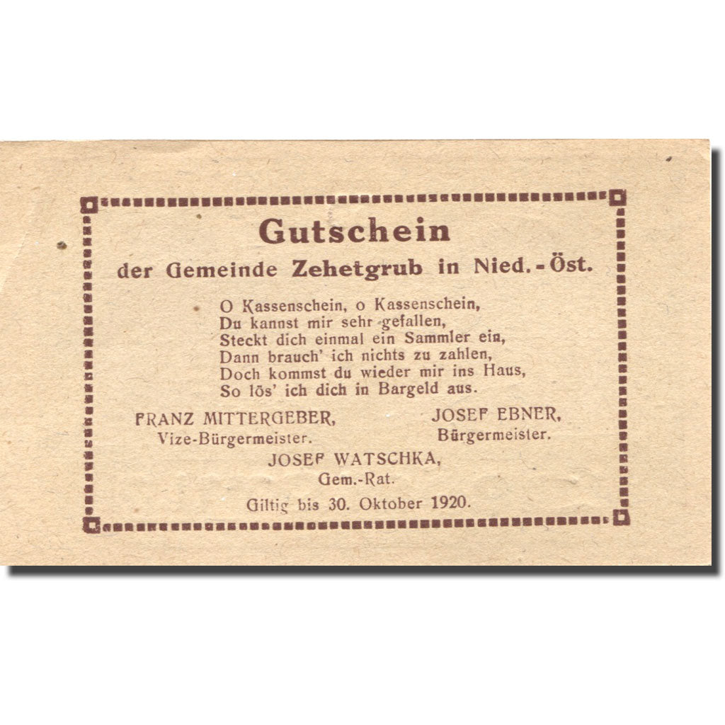 Banknote, Austria, Zehetgrub, 50 Heller, ferme, 1920 UNC(63) Mehl:FS 1262b
