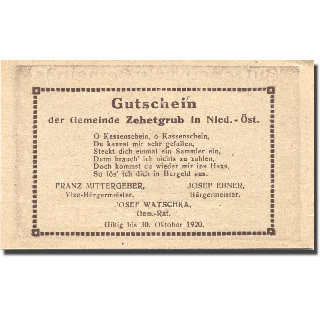 Banconote, Austria, Zehetgrub, 20 Heller, ferme 1, 1920-10-30 Mehl:FS 1262b