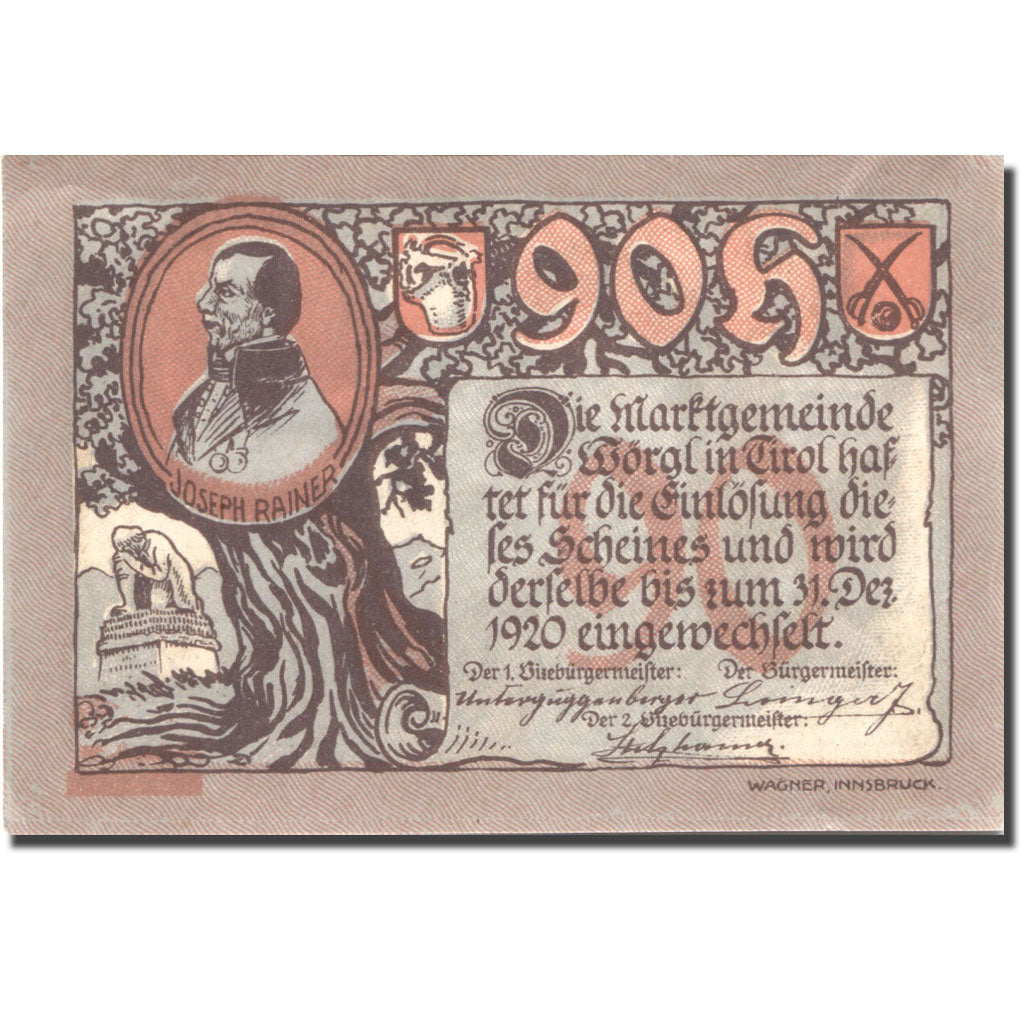 Banknote, Austria, Wörgl, 90 Heller, personnage, 1920, UNC(63) Mehl:FS 1252a