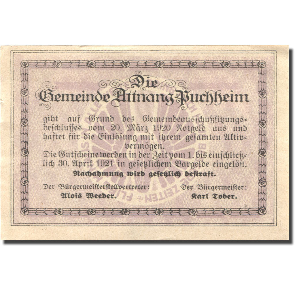 Banknote, Austria, Attnang 50 Heller, château, 1921 UNC(63) Mehl:FS 61IA1