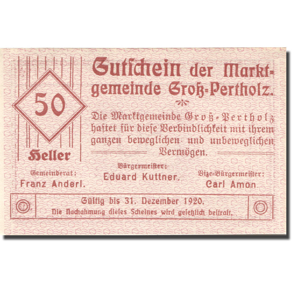 Banknote Austria Gross-Pertholz 50 Heller face value 1920 UNC(63) Mehl:FS 295IIc