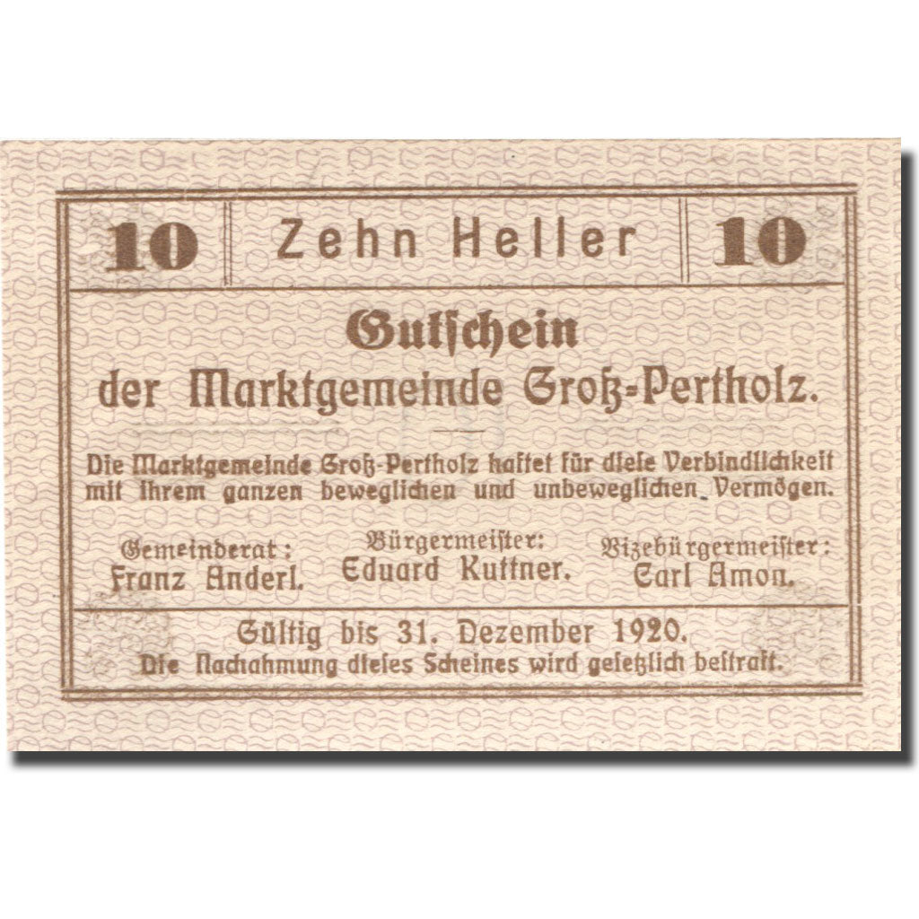 Banknote, Austria, Gross-Pertholz, 10Heller 1920 UNC(63) Mehl:FS 295IIa
