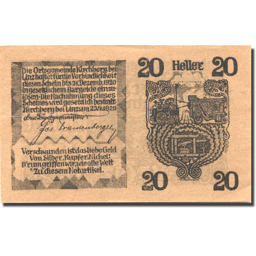 Banknote, Austria, Kirchberg, 20 Heller, village, 1920, UNC(63) Mehl:FS 443c