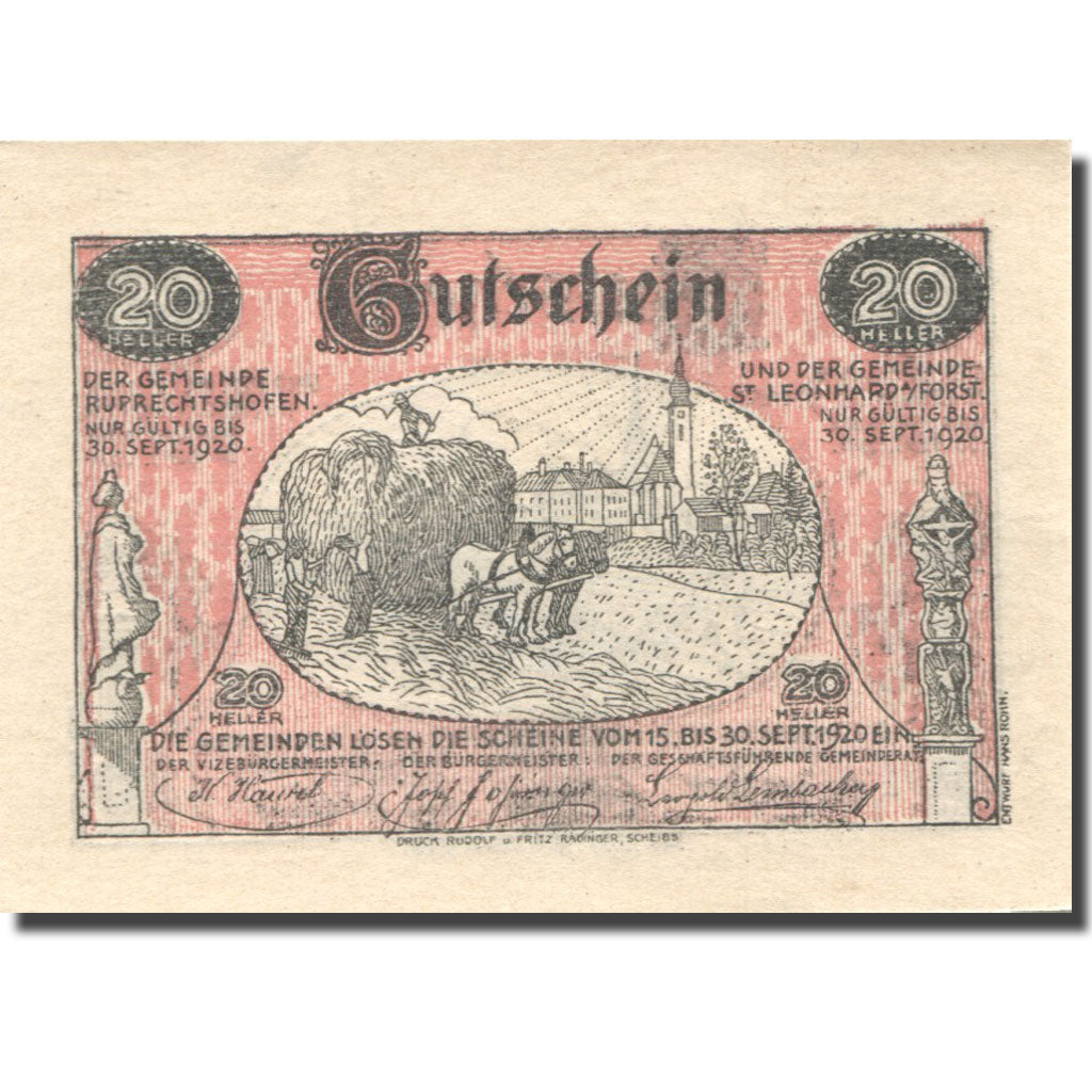 Billet, Autriche, St Leonhard, 20 Heller, agriculteur, 1920 SPL Mehl:FS 901a