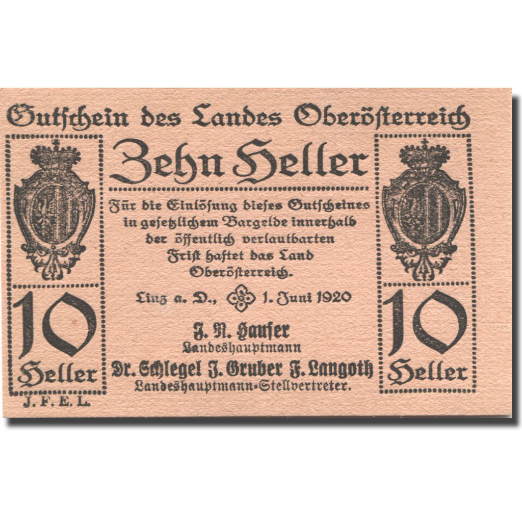 Banknote, Austria, Oberösterreich 10 Heller, Blason, 1920 UNC(63) Mehl:FS 692IIb