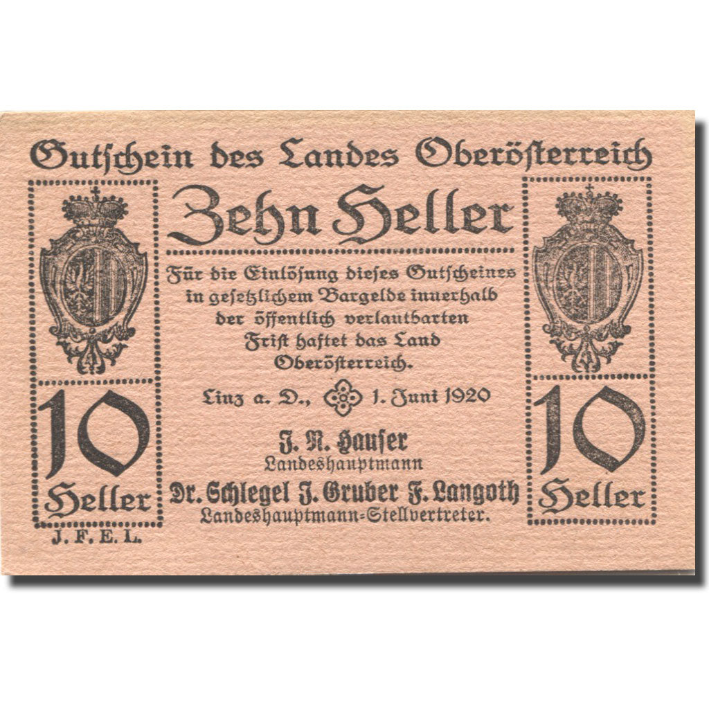 Banknote, Austria, Oberösterreich, 10Heller Blason 1920 AU(55-58) Mehl:FS 692IIb