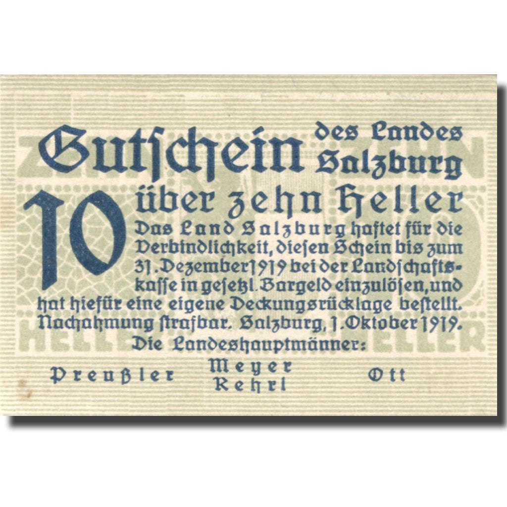 Billet, Autriche, Salzburg, 10 Heller, valeur faciale, 1919 SUP Mehl:FS 860I