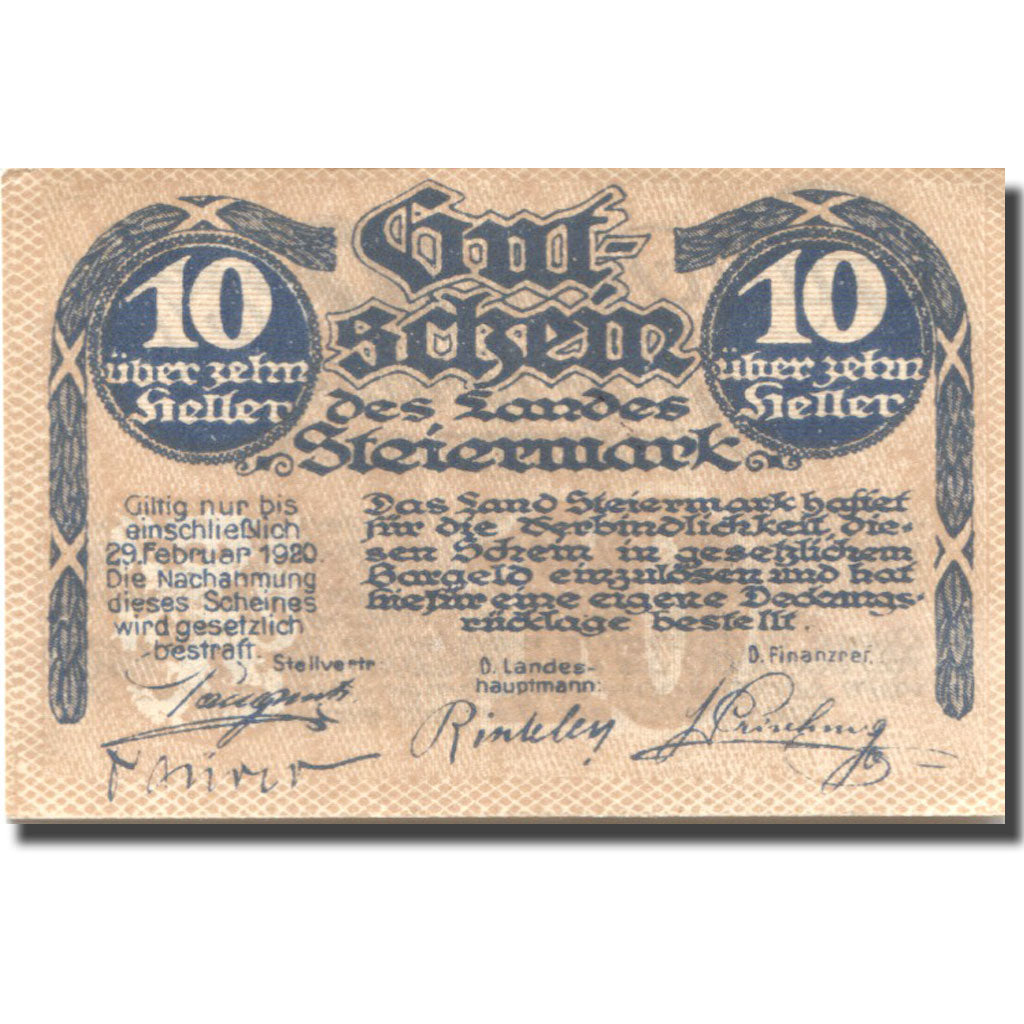 Banknote, Austria, Steiermark, 10 Heller, valeur faciale, 1920 SPL Mehl:FS 1014a