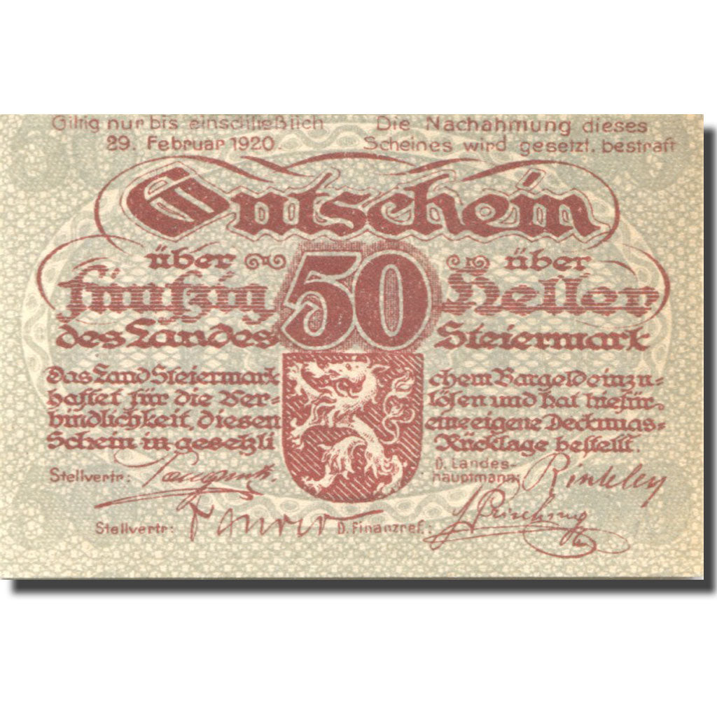 Banknot, Austria, Steiermark, 50 Heller, valeur faciale, 1920, 1920-02-29
