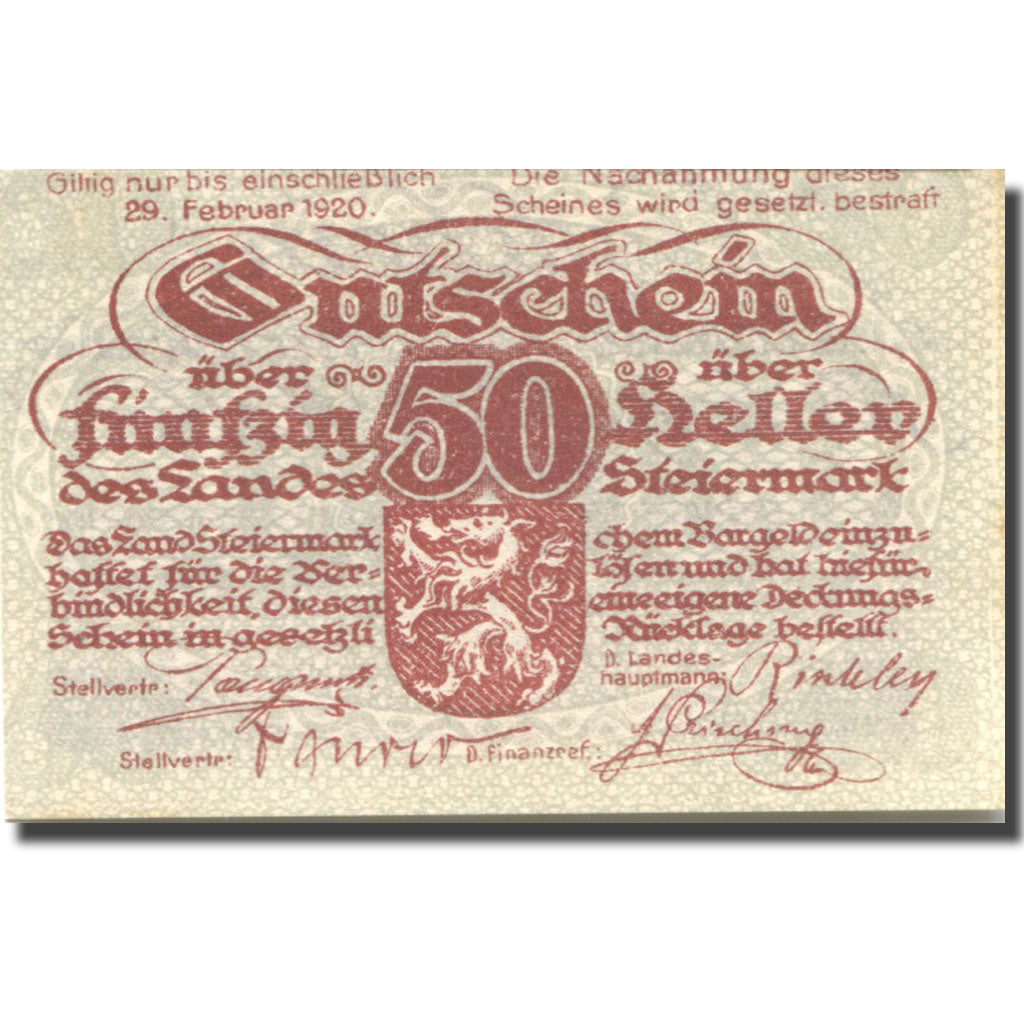 Banknote, Austria, Steiermark, 50 Heller face value 1920 AU(55-58) Mehl:FS 1014a