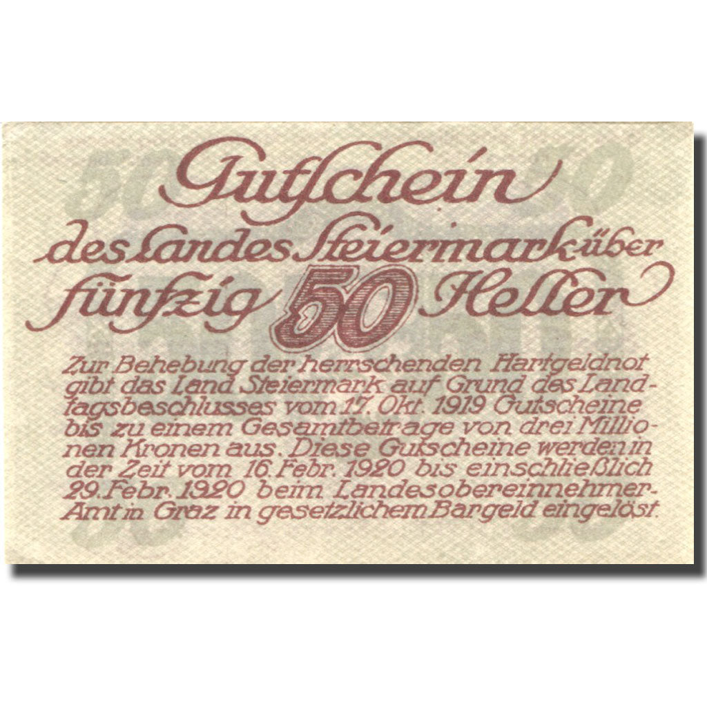 Banconote, Austria, Steiermark, 50Heller, valeur faciale, 1920 SPL Mehl:FS 1014a