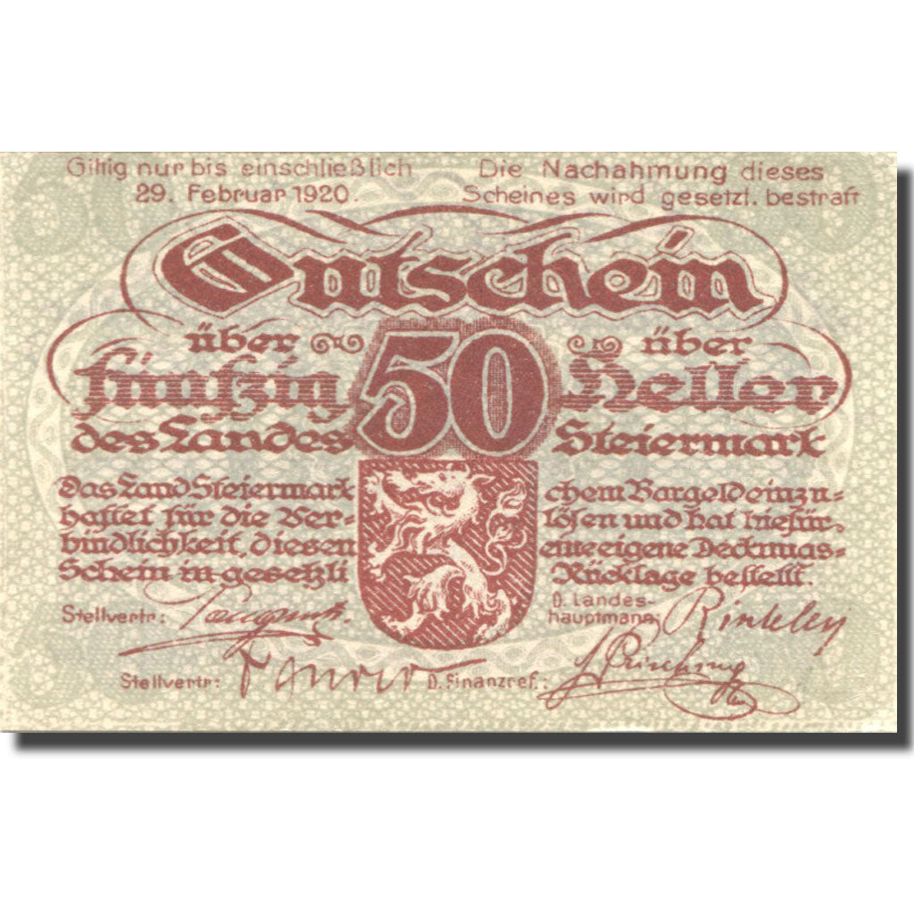Banconote, Austria, Steiermark, 50Heller, valeur faciale, 1920 SPL Mehl:FS 1014a