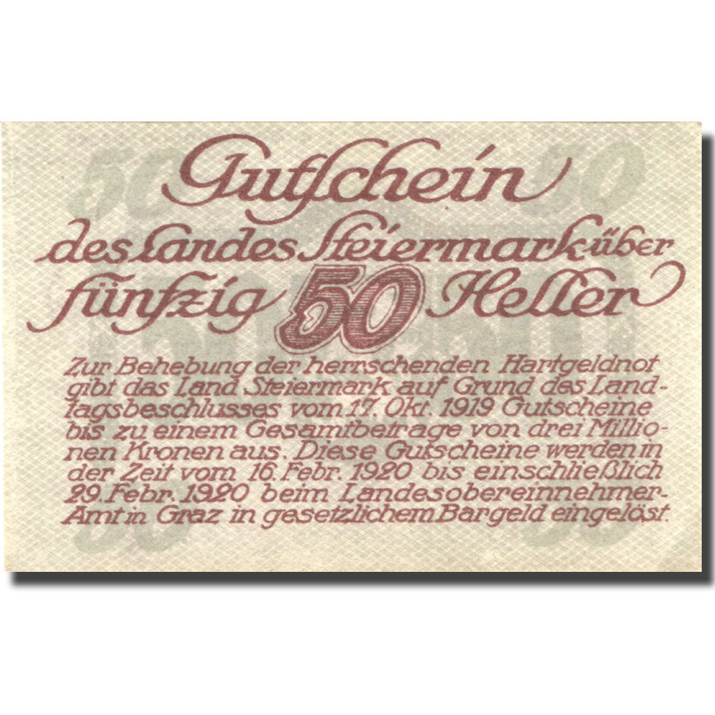Billet, Autriche, Steiermark, 50 Heller, valeur faciale, 1920 SPL+ Mehl:FS 1014a