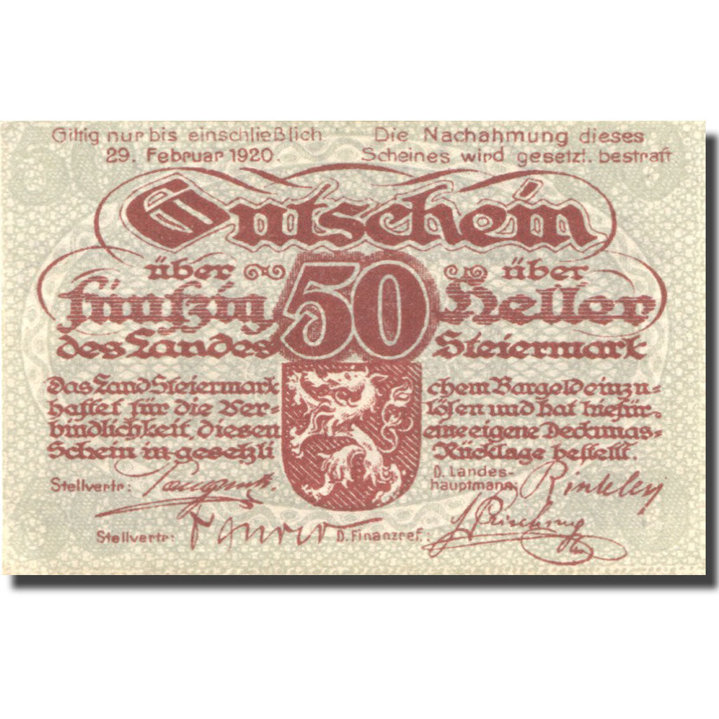 Billet, Autriche, Steiermark, 50 Heller, valeur faciale, 1920 SPL+ Mehl:FS 1014a
