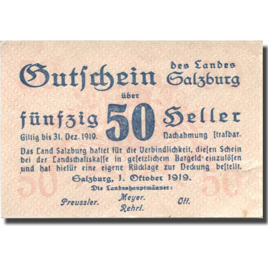Banknote, Austria, Salzburg, 50 Heller face value 1920 AU(55-58)  Mehl:FS 860I