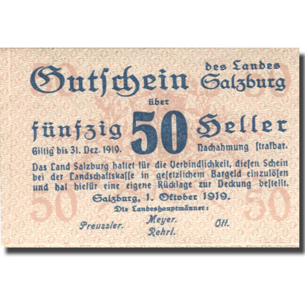 Geldschein, Österreich, Salzburg, 50 Heller valeur faciale 1920 VZ+ Mehl:FS 860I