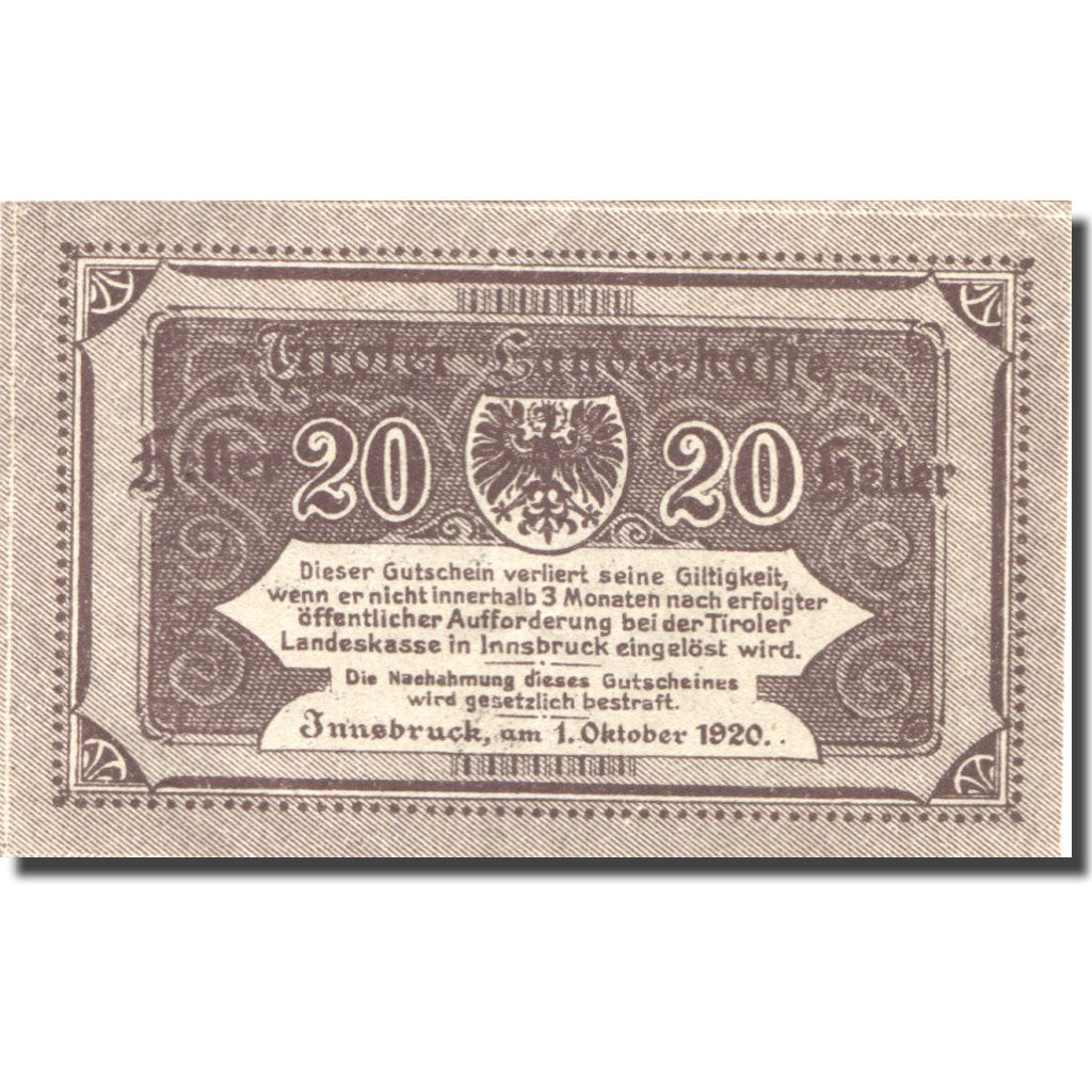 Banknote, Austria, Innsbruck, 20 Heller, Blason, UNC(63), Mehl:FS 1073II