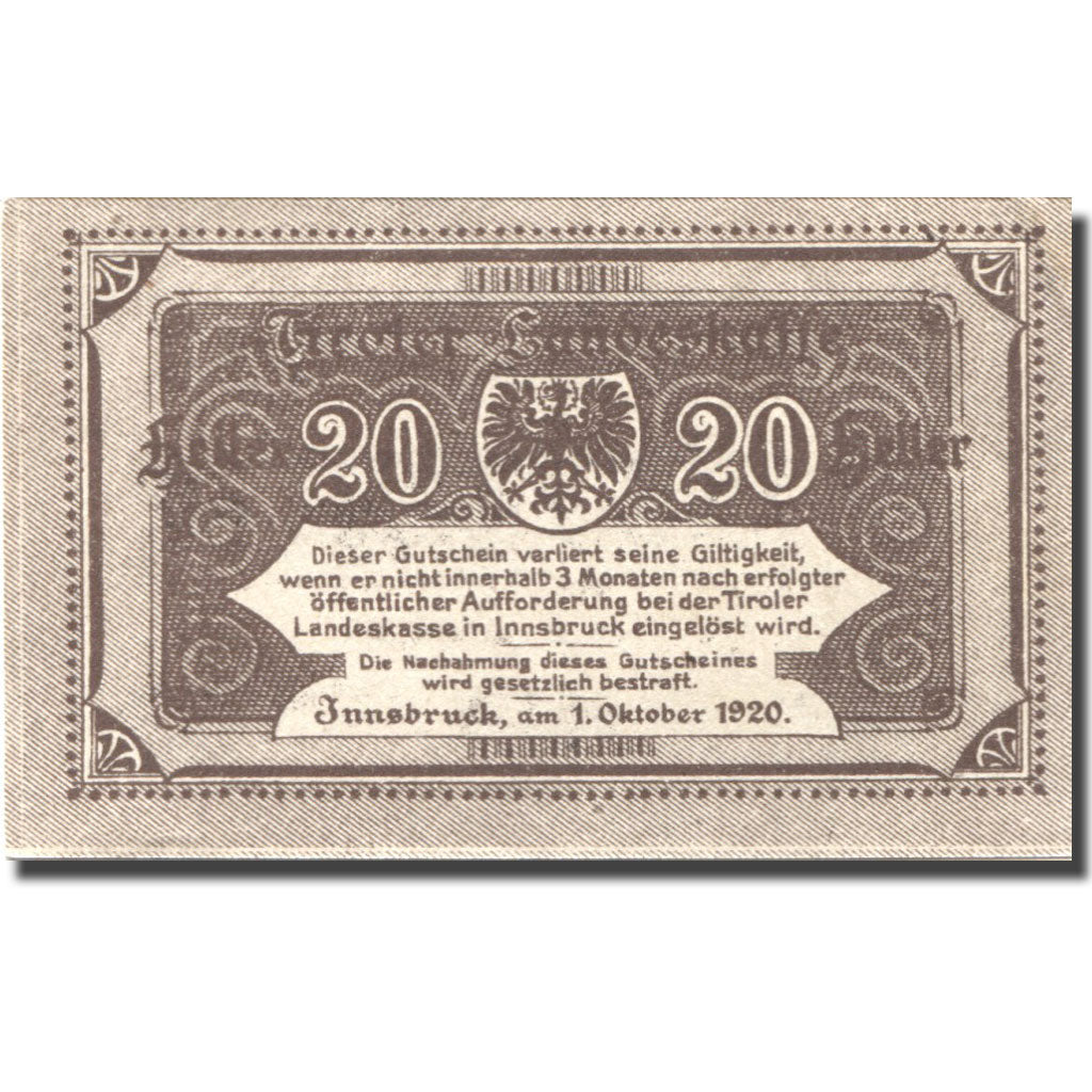 Banknote, Austria, Innsbruck, 20 Heller, Blason, UNC(60-62), Mehl:FS 1073II