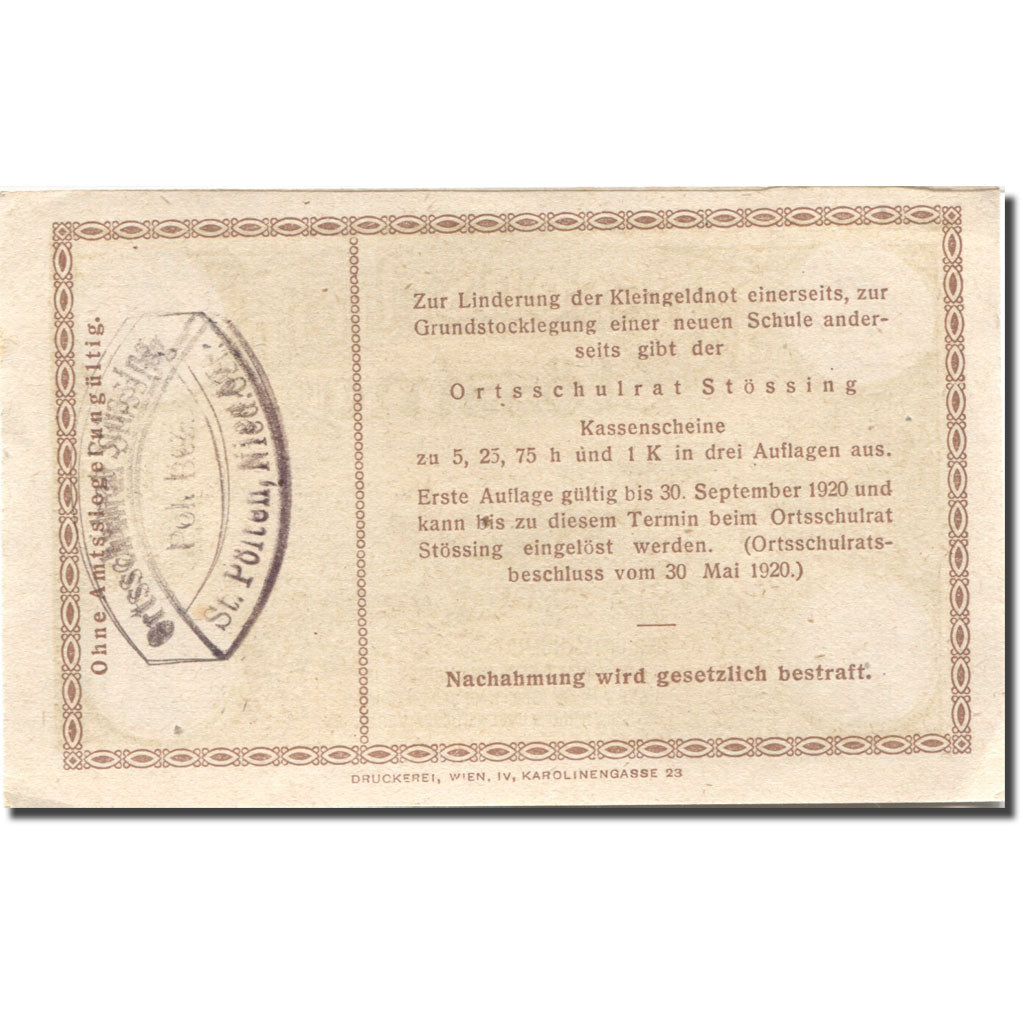 Banknote, Austria, Stössing, 1 Krone, village, 1920 UNC(63) Mehl:FS 1040