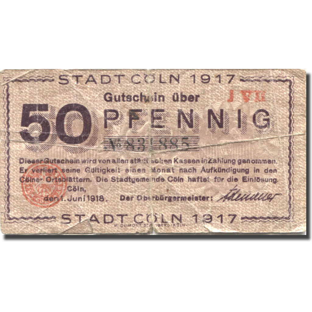Banknote, Germany, Cöln, 50 Pfennig, Monument, 1917 VG(8-10) Mehl:K30.3c